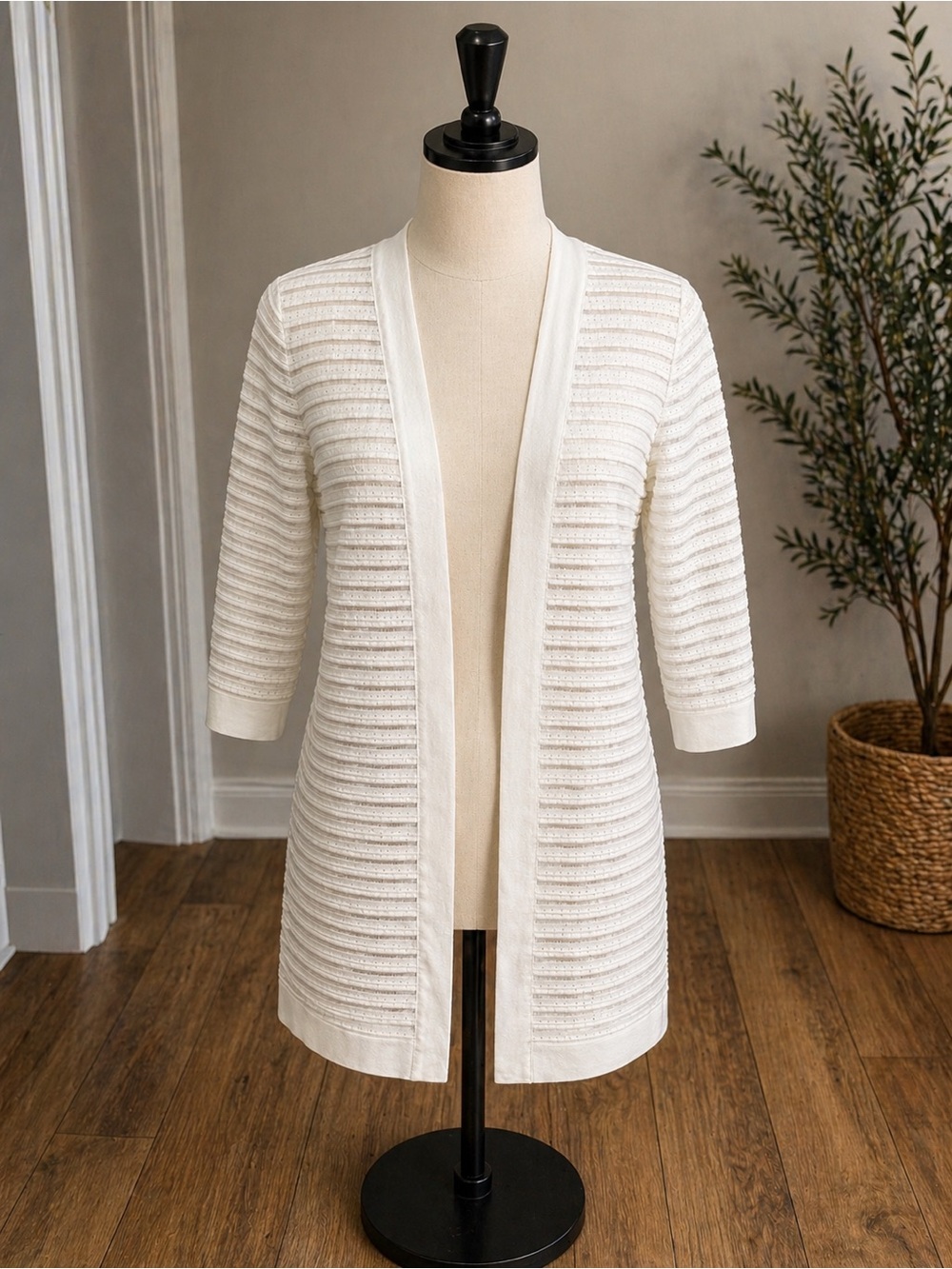 Kasper Open-Front Ribbed Cardigan Sweater - Cream